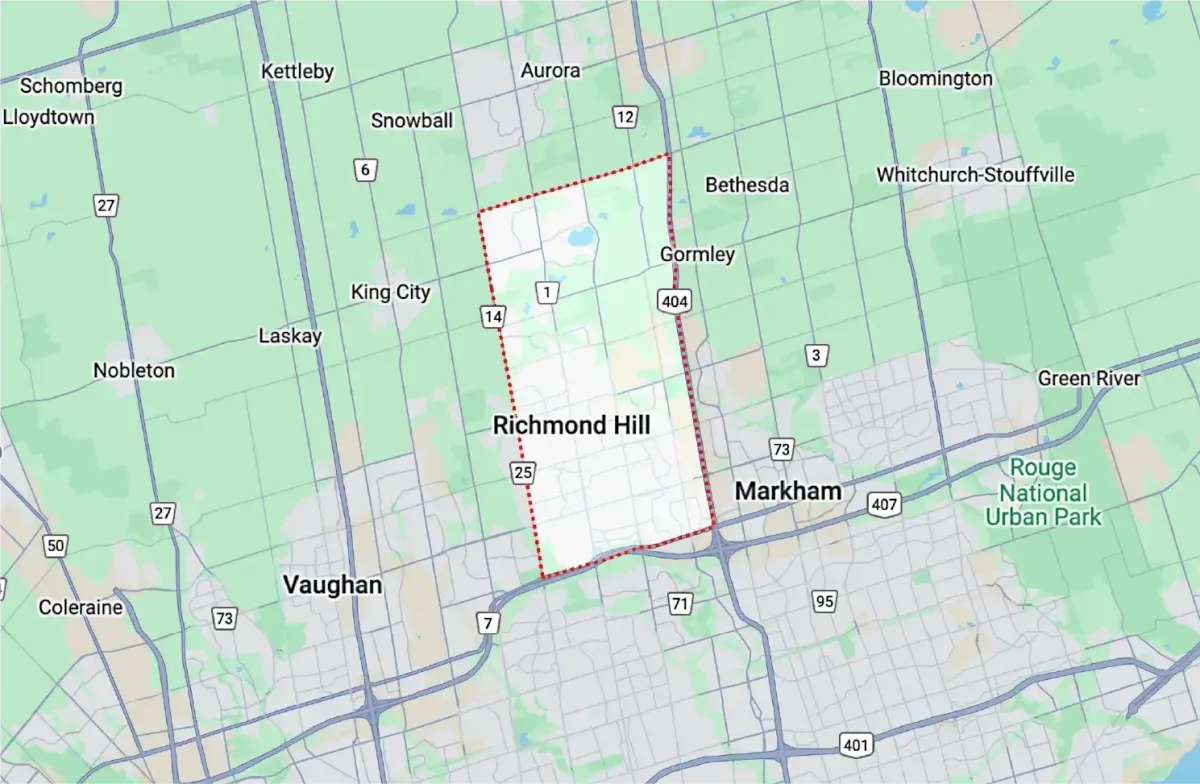 A regional map highlighting the boundaries and major roads of Richmond Hill.