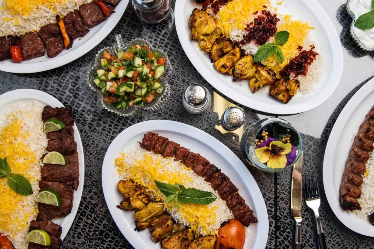Authentic Persian kebabs and saffron rice dishes served at Dorchin Restaurant.