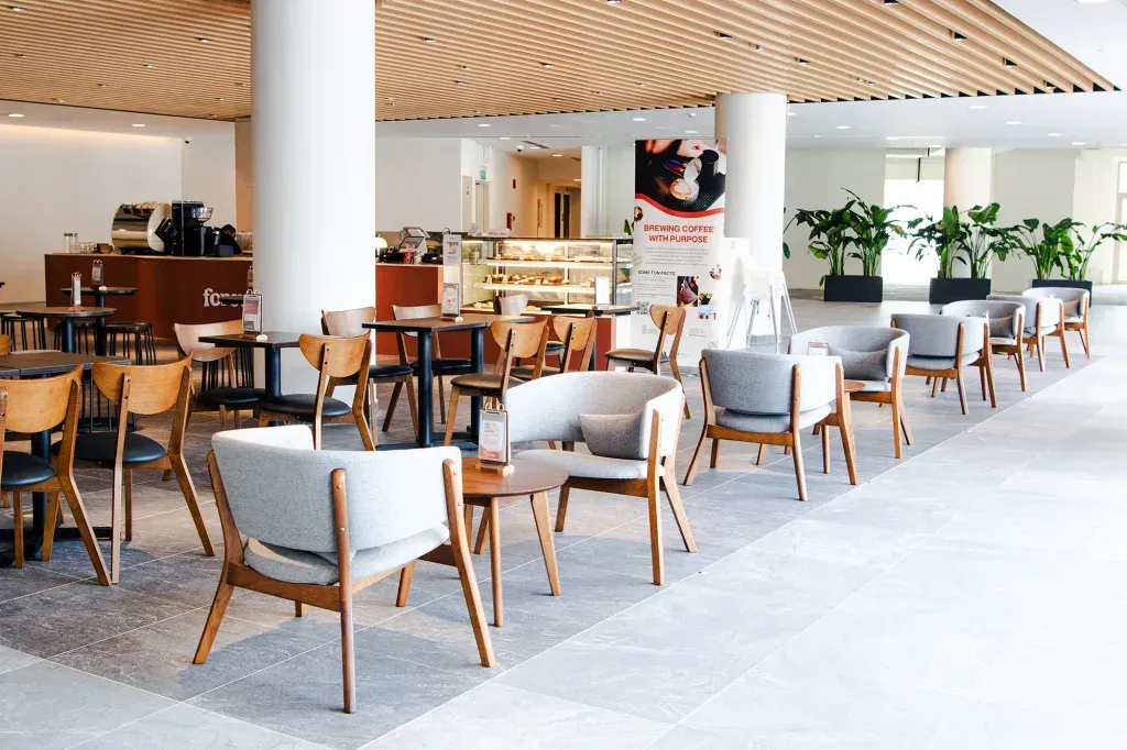 Modern and bright interior of Foreword Specialty Coffee Roasters cafe.