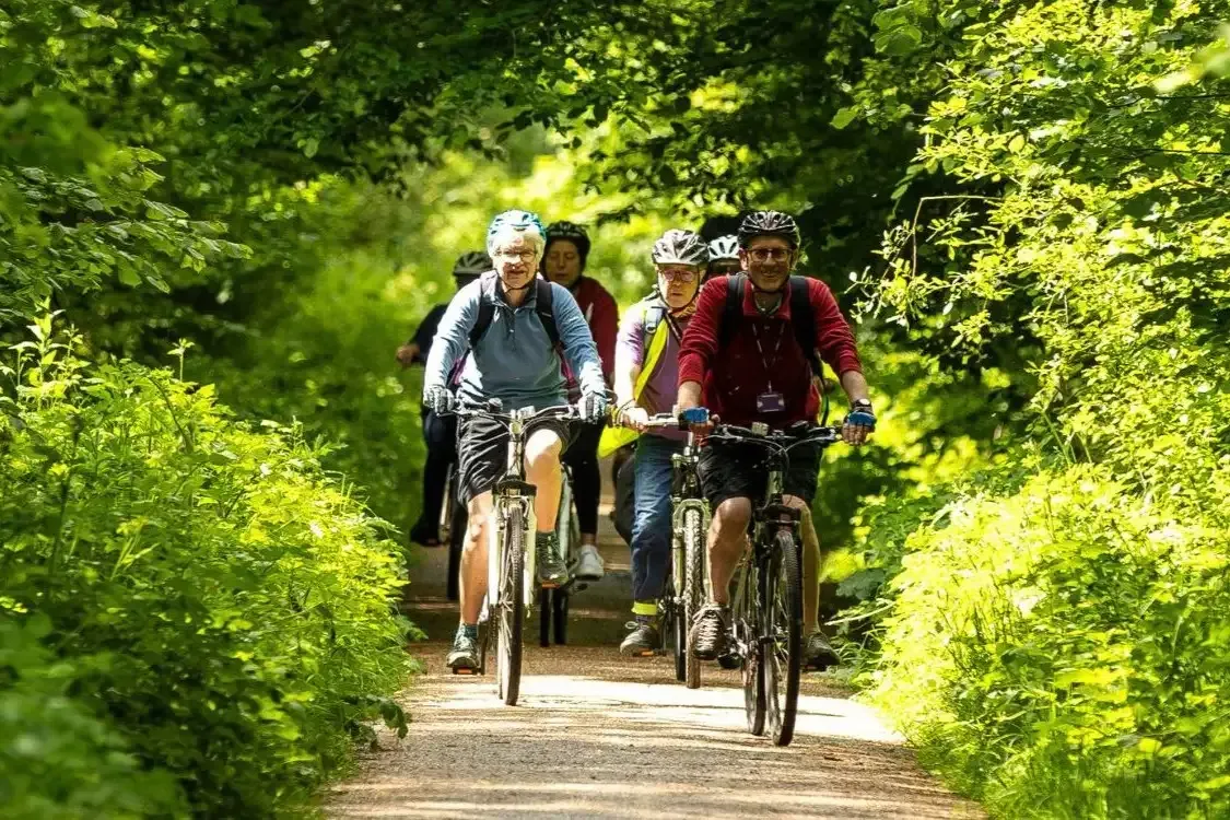 A group of people enjoying a bike ride through a lush, wooded nature trail.