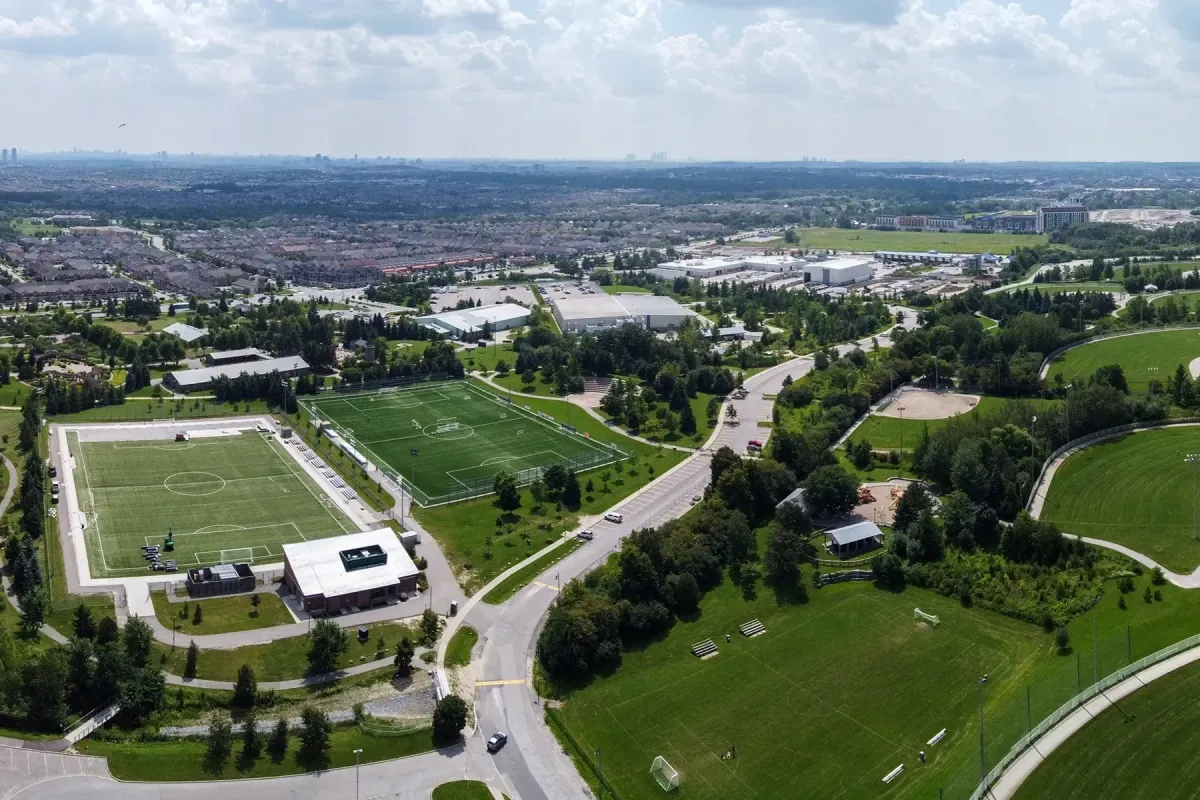 Aerial view of the soccer fields and green space at Richmond Green Sports Centre and Park.