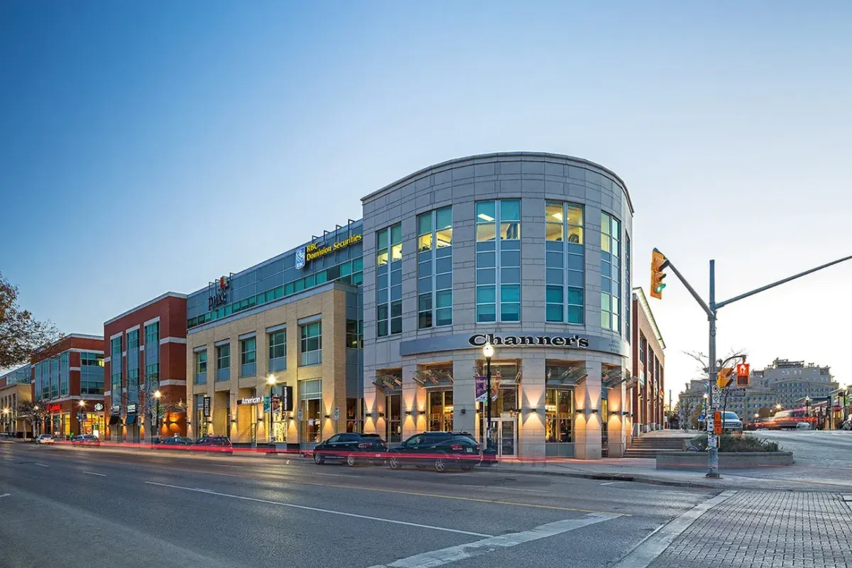 Modern commercial storefronts in the Uptown Waterloo business district.