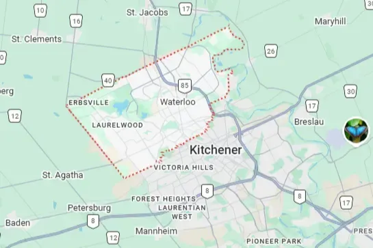 Map highlighting the location of Waterloo within Southern Ontario.