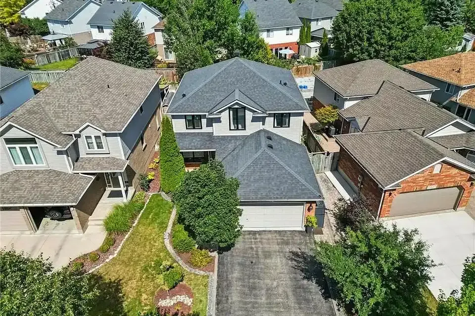 Aerial shot of quiet residential streets and homes in the Eastbridge community.