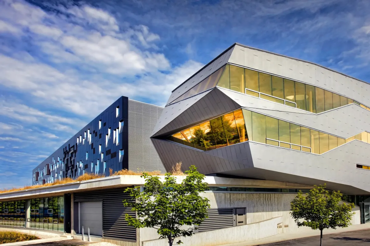 Modern architectural design of the Perimeter Institute for Theoretical Physics building in Waterloo.