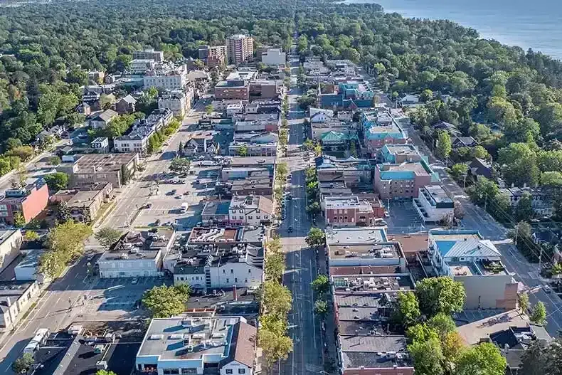 A wide aerial shot showing the greenery and suburban layout of Oakville.