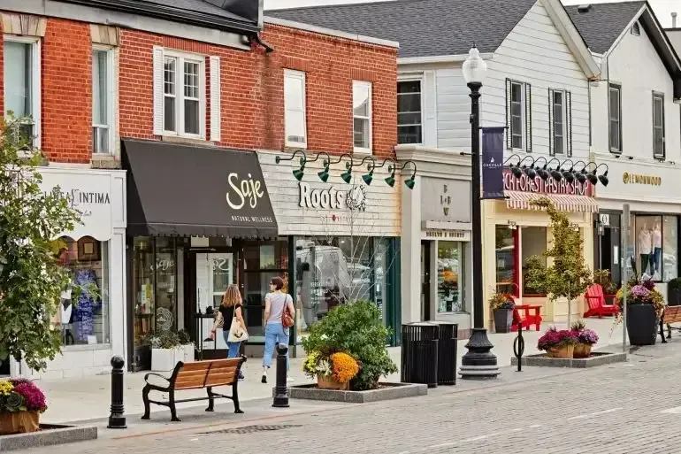 Charming boutique storefronts along Lakeshore Road in Downtown Oakville.