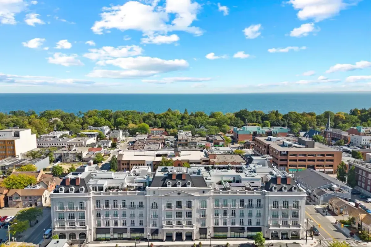 High-angle view of modern condominium buildings and parks in Midtown Oakville.