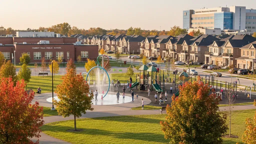 A community park with a fountain surrounded by homes in West Oak Trails.