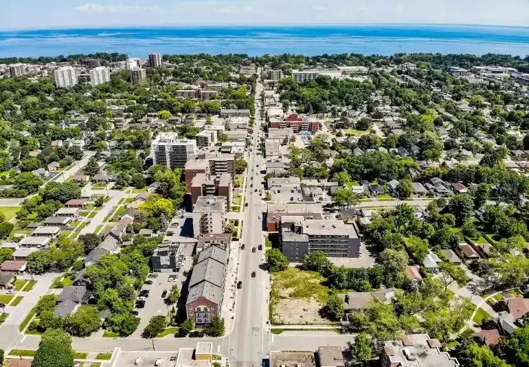 Aerial perspective of the vibrant Kerr Village district looking toward the lake.