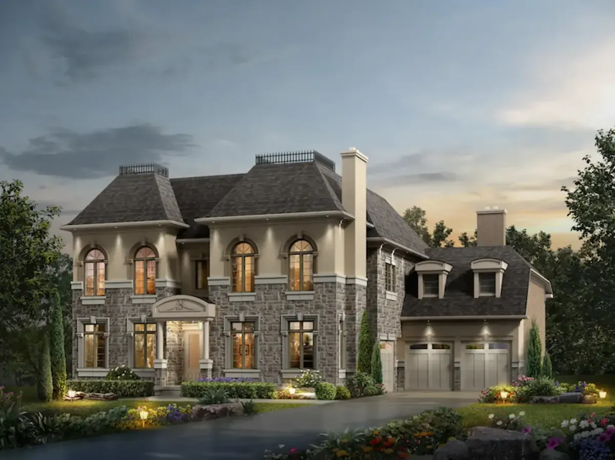 Exterior of a grand, luxury custom-built stone estate home in Palgrave.