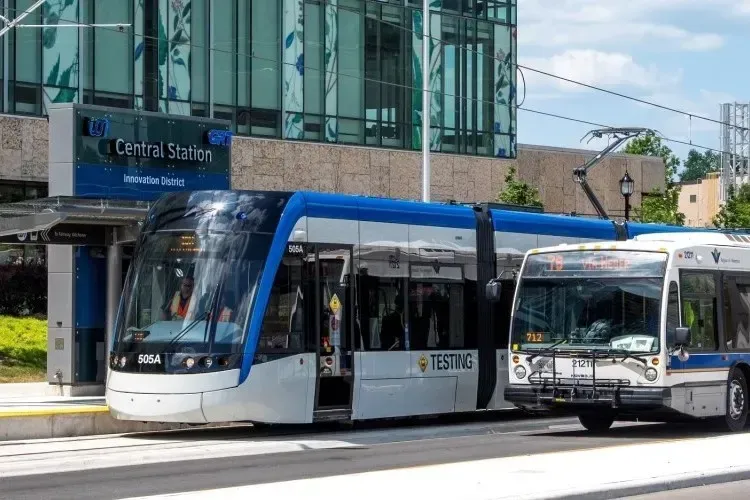 The ION light rail transit system and public transportation hub in downtown Kitchener Ontario.