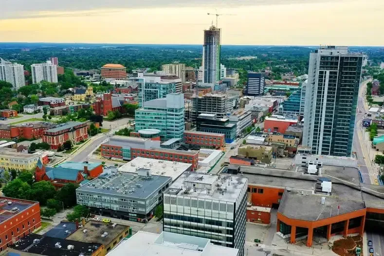 Aerial view of the Kitchener skyline and business district representing local employment and the tech hub.