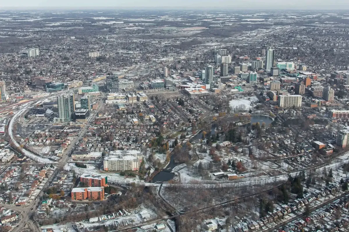 High-angle panoramic view of Kitchener Ontario urban landscape and residential areas.