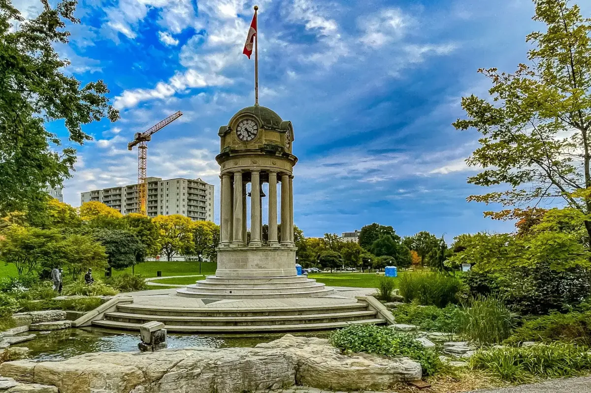 Vibrant park and clock tower in Kitchener Ontario highlighting local outdoor activities and sightseeing.