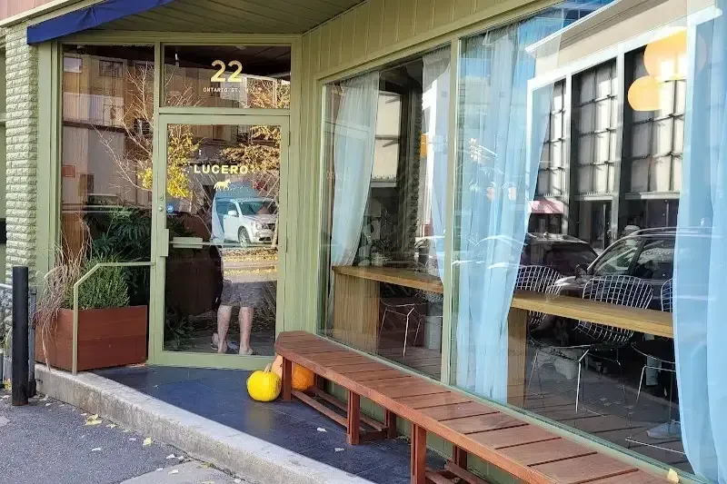 Exterior of Lucero Canteen in Kitchener Ontario, a popular local spot for coffee and fresh baked goods.
