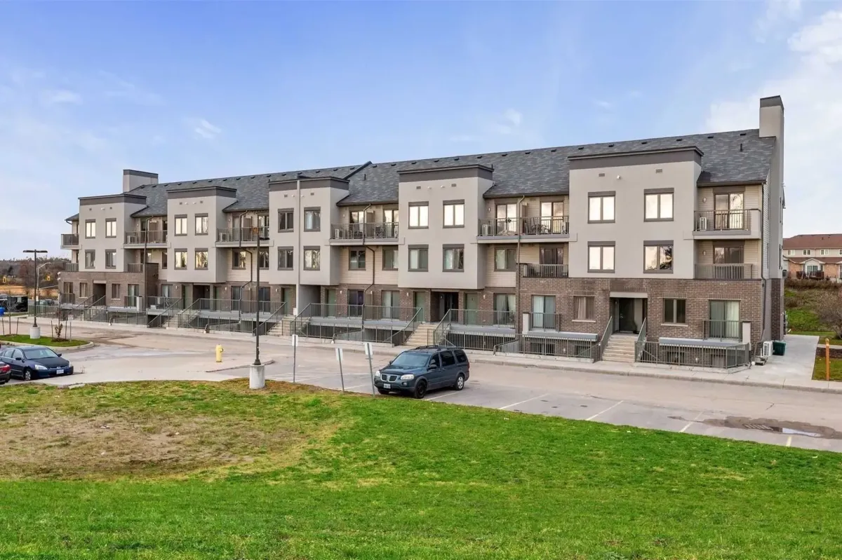 A quiet residential street in Kitchener featuring modern executive-style detached homes and manicured lawns.