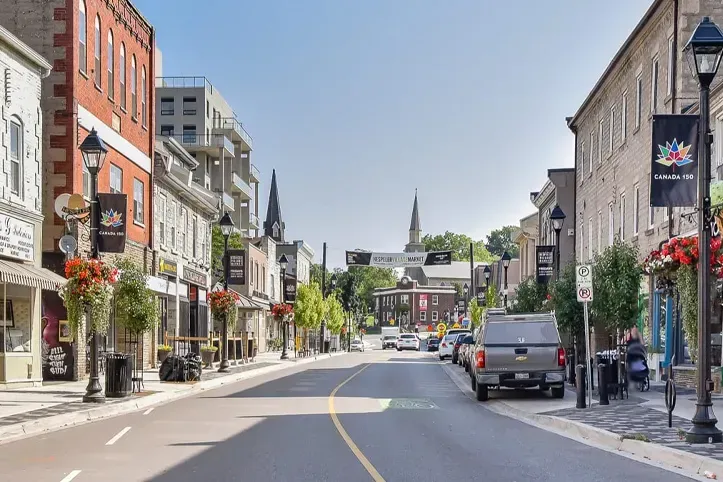 Aerial view of the vibrant downtown Kitchener skyline, a major hub for business and the local tech industry.