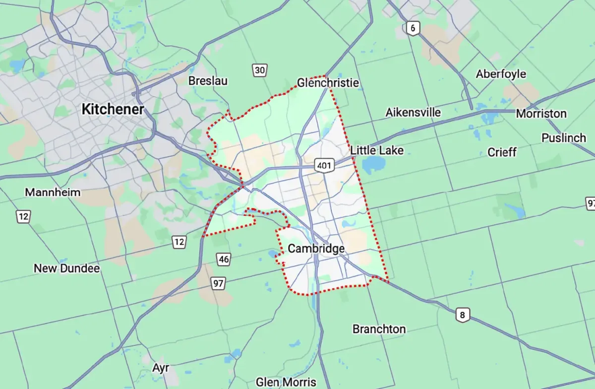 A map of the Waterloo Region highlighting the city of Cambridge and its proximity to Kitchener.