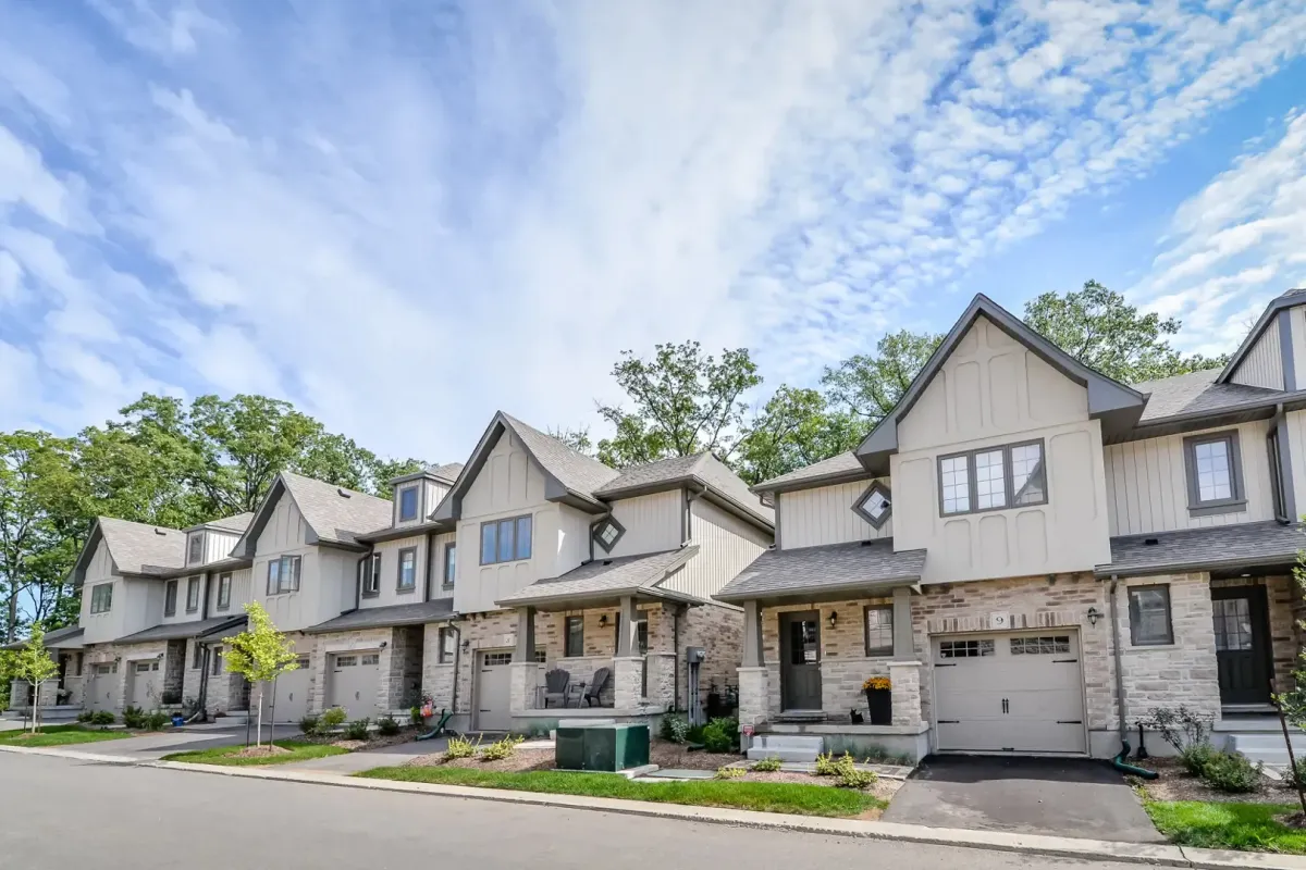 A row of modern stone and brick townhomes in the developing Sanigaw area of Cambridge.