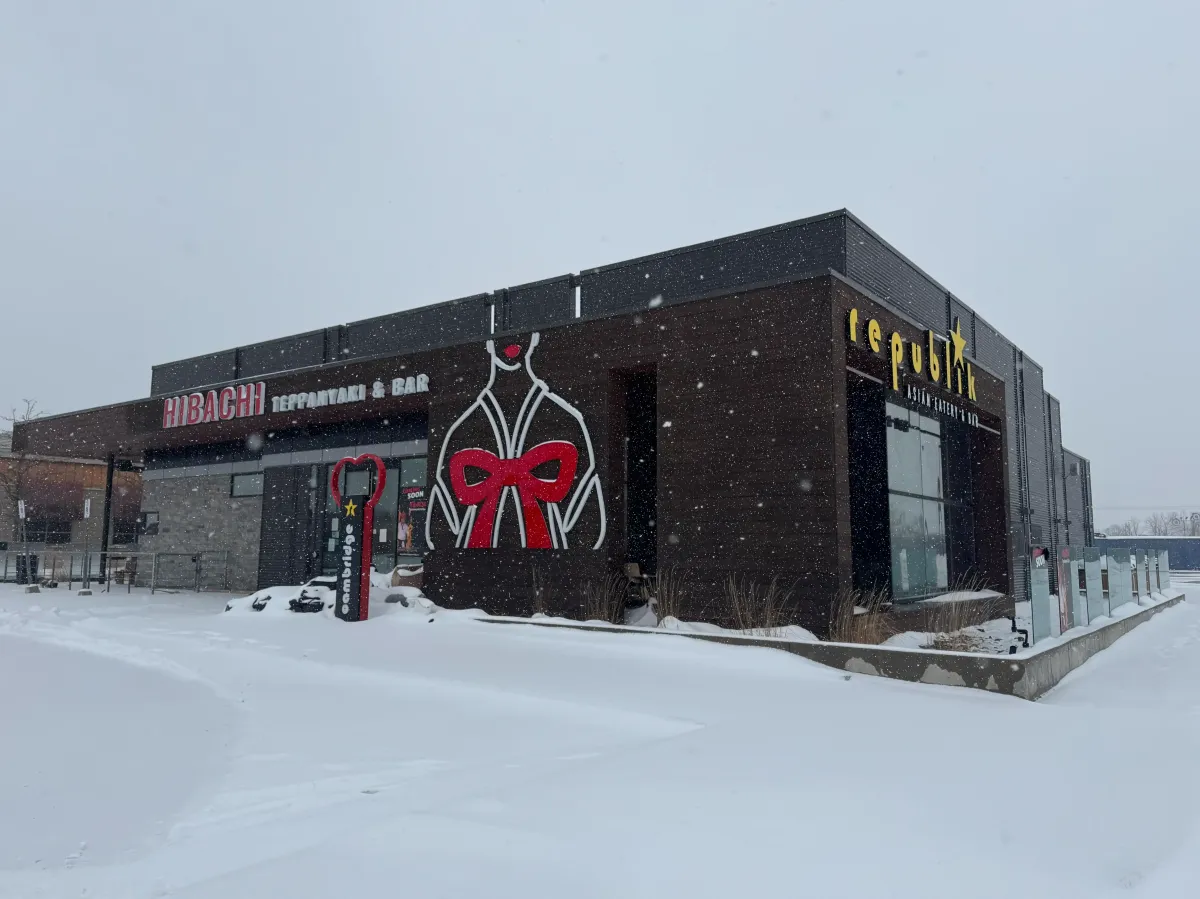 Modern exterior of Republik X Hibachi Teppanyaki & Bar in Cambridge, a top spot for Japanese-style dining and cocktails.