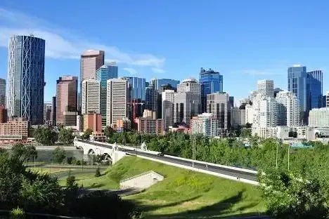 High-angle view of the Calgary downtown business core, representing employment opportunities and the local economy.