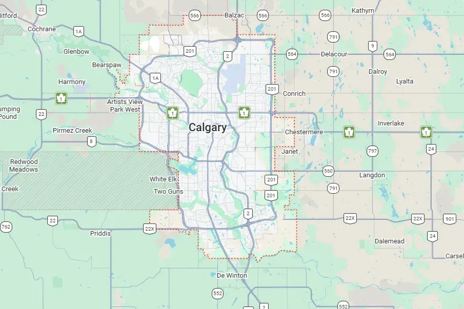 Elevated view of a residential neighborhood in Calgary, highlighting local housing and community layouts.