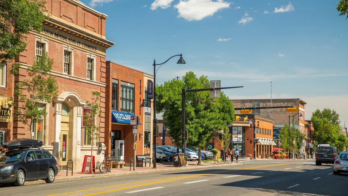Street-level view of the historic storefronts and boutiques along Main Street in Inglewood.