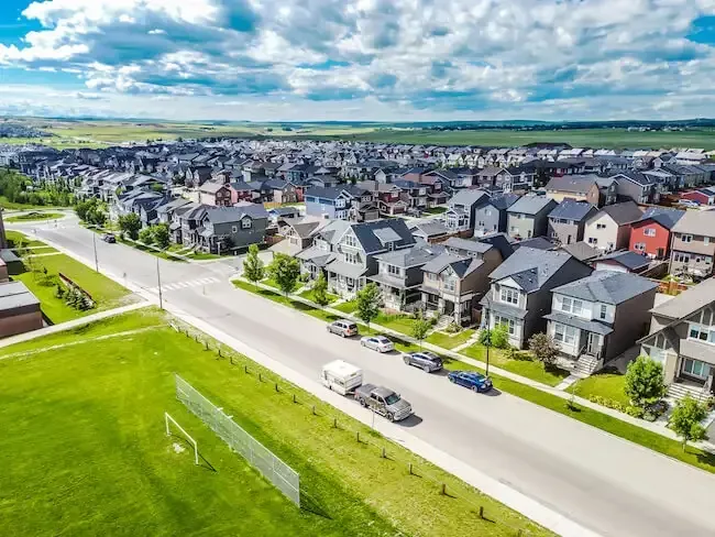 Elevated view of the Evanston community, showcasing newer detached homes and open landscapes.