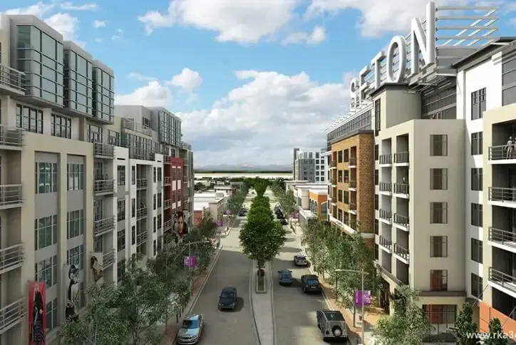 Modern mixed-use residential and commercial buildings in the developing Seton urban district.