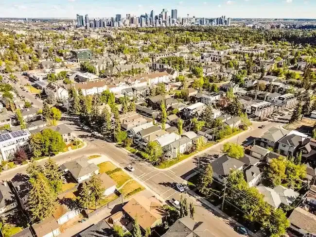 Aerial perspective of Altadore, a sought-after inner-city neighborhood known for luxury infill homes.