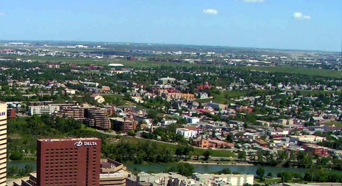 Panoramic view of the Bridgeland community, showing a mix of modern residential buildings and green spaces.
