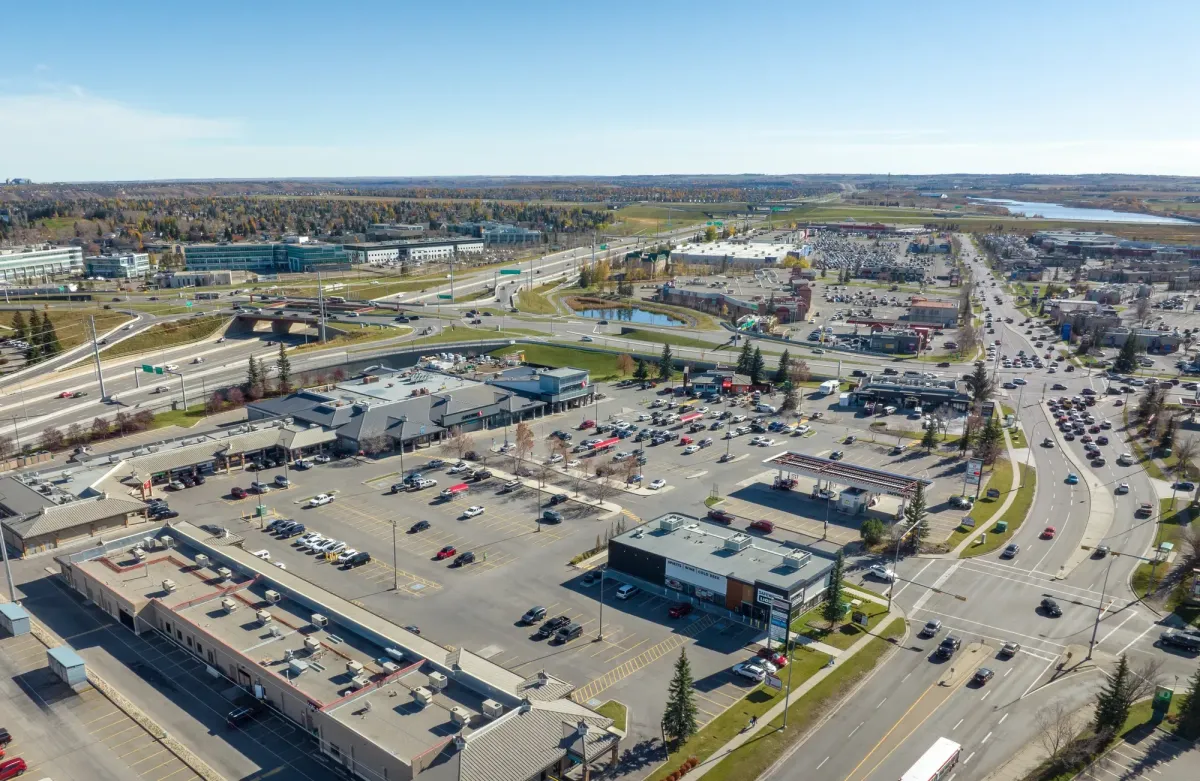 Aerial view of the Shawnessy district, showing the integration of residential areas and major retail hubs.