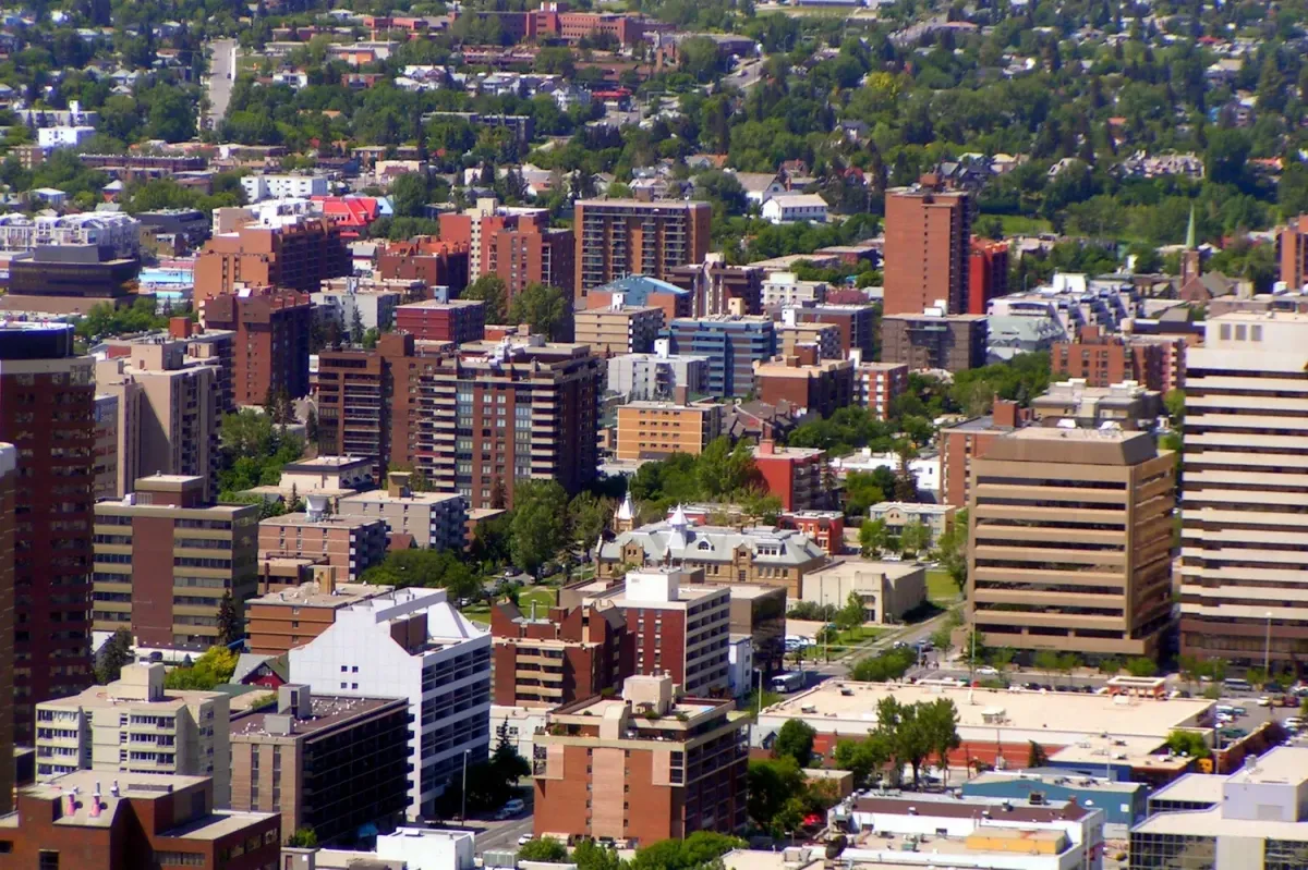 High-angle view of the vibrant Beltline district, featuring high-rise condominiums and urban amenities.