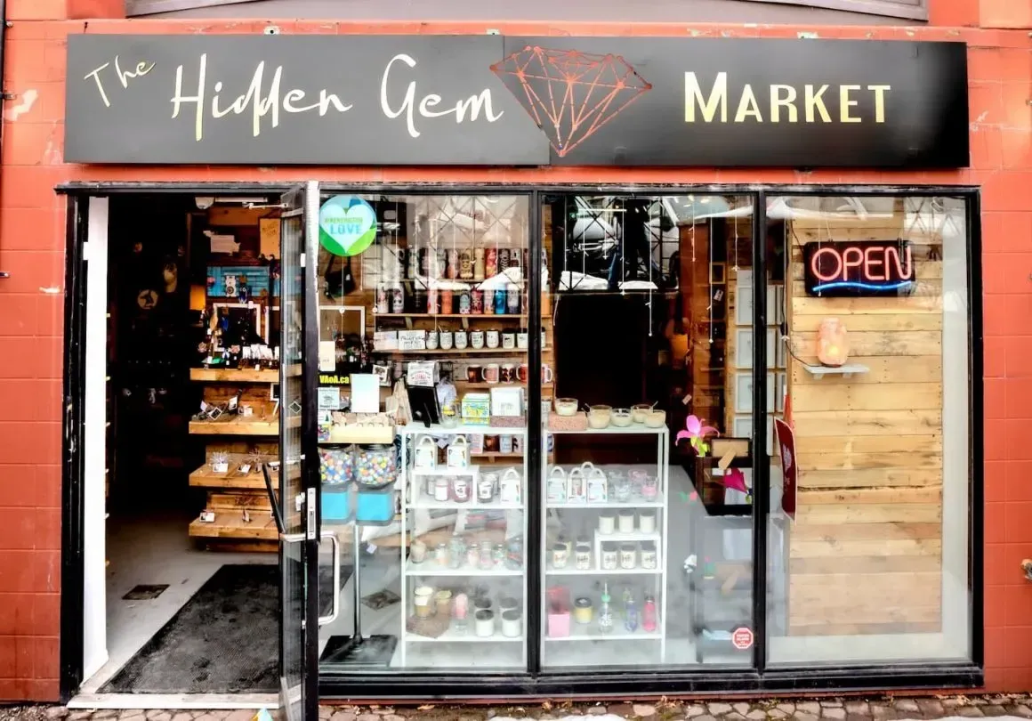 Storefront of The Hidden Gem Local Market in Calgary, a community hub for local goods.