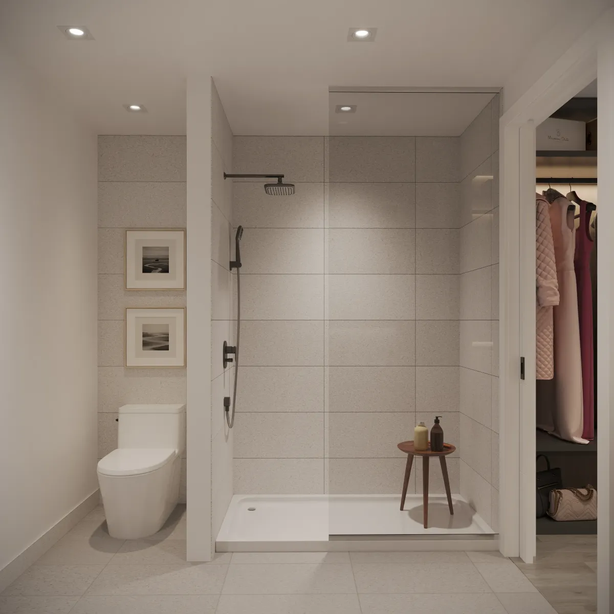 Luxury bathroom suite at Maxium Condos 875 The Queensway featuring a floating double vanity and wood-accent shelving.