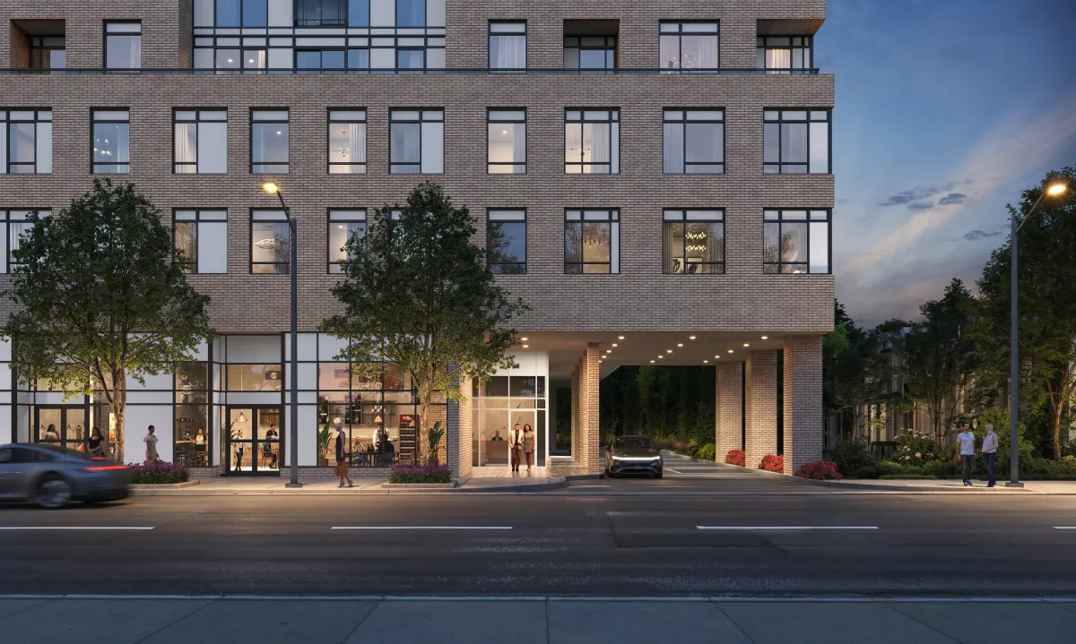 Exterior architectural rendering of Maxium Condos, an 11-storey boutique mid-rise at 875 The Queensway, Etobicoke.