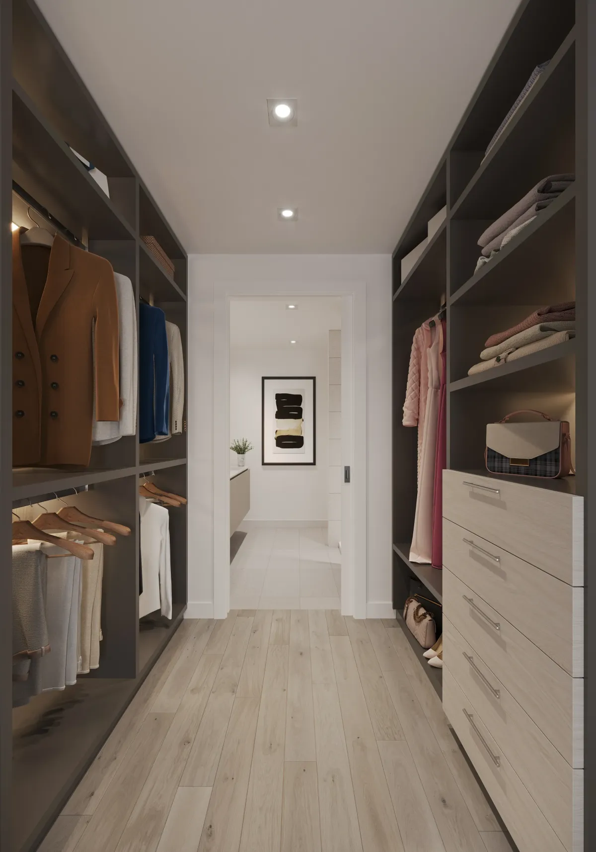 Spacious custom walk-in closet with built-in organizers and premium lighting at Maxium Condos, Etobicoke.