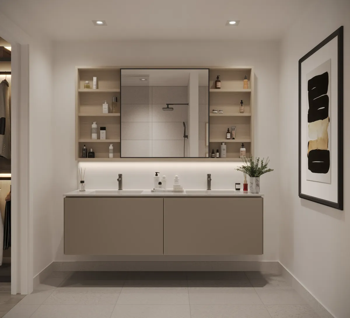 Luxury bathroom suite at Maxium Condos 875 The Queensway featuring a floating double vanity and wood-accent shelving.