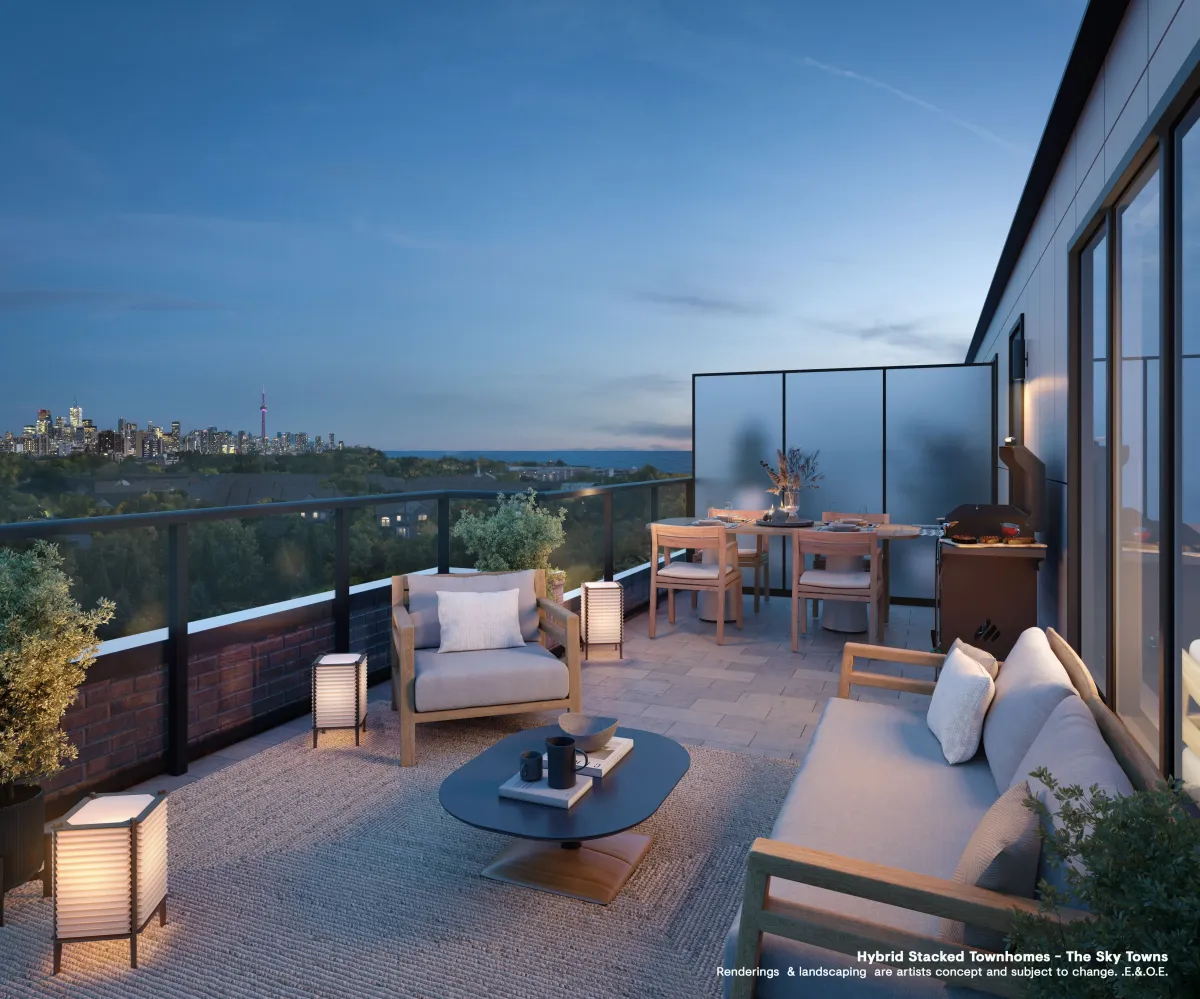 Private rooftop terrace at Westshore Long Branch with outdoor seating and evening city views.
