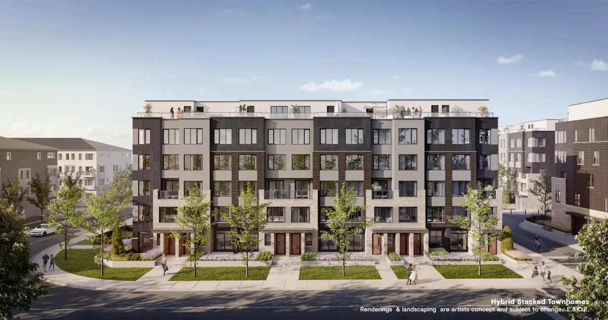 Modern 5-storey hybrid stacked townhome architecture by Minto Communities in South Etobicoke.
