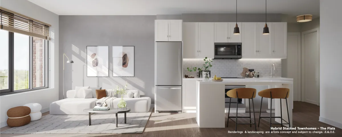 Wide-angle view of the open-concept kitchen and dining area in the Westshore "Sky Towns" collection.