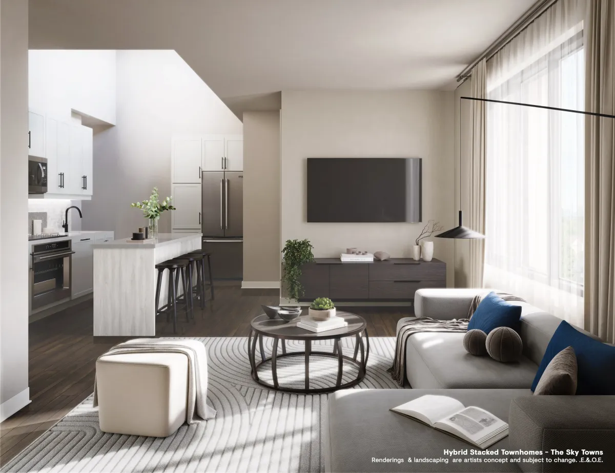 Interior view of a spacious, light-filled living room in the Westshore urban townhomes, South Etobicoke.