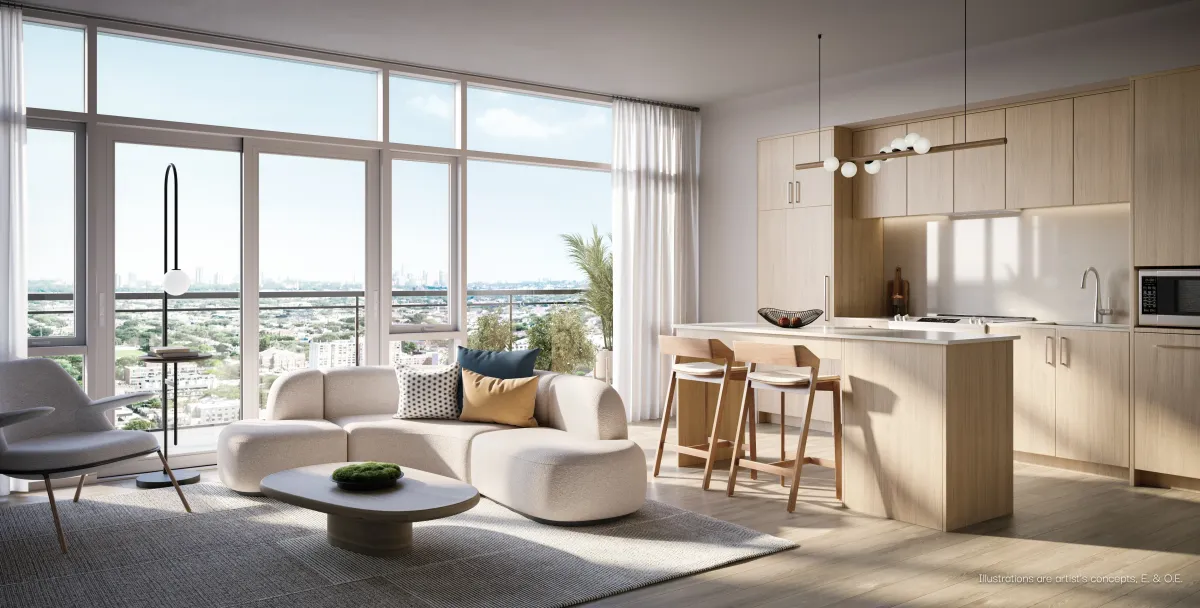 Bright, sun-filled living room with floor-to-ceiling windows and urban views in Etobicoke.