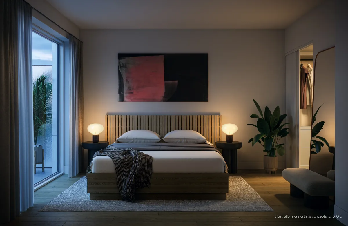 Modern master bedroom with large windows and sophisticated decor at BLVD. Q Condos.
