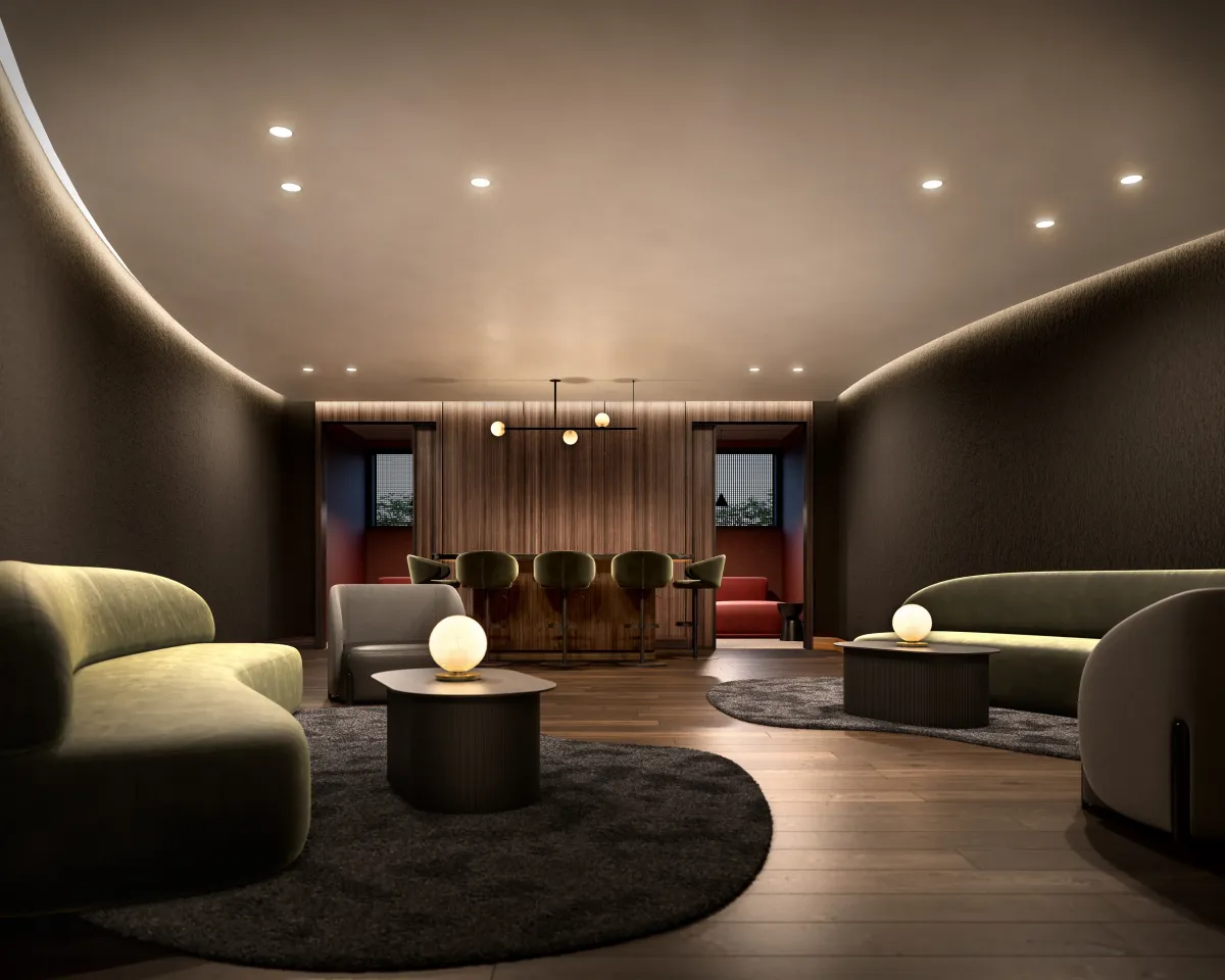 Designer social lounge and entertainment space for hosting guests at BLVD. Q.