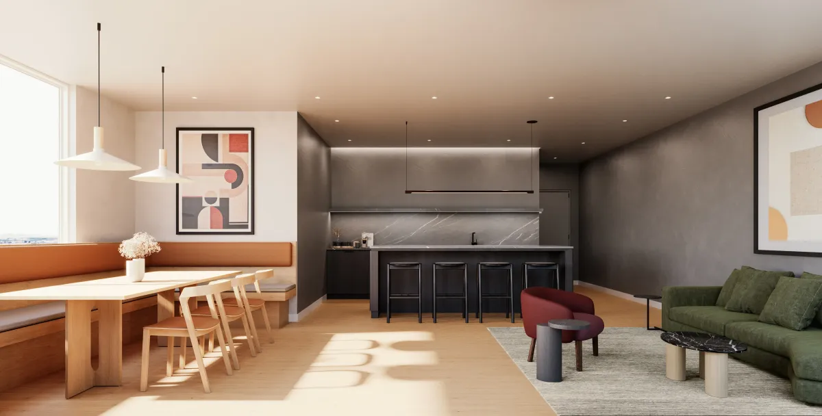 Luxury suite interior featuring high-end cabinetry and designer lighting at BLVD. Q.
