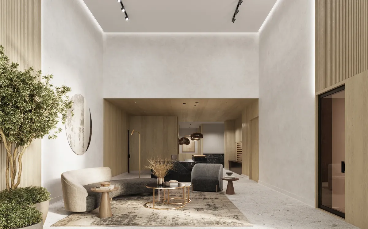Grand boutique lobby and lounge area for residents at 935 The Queensway.