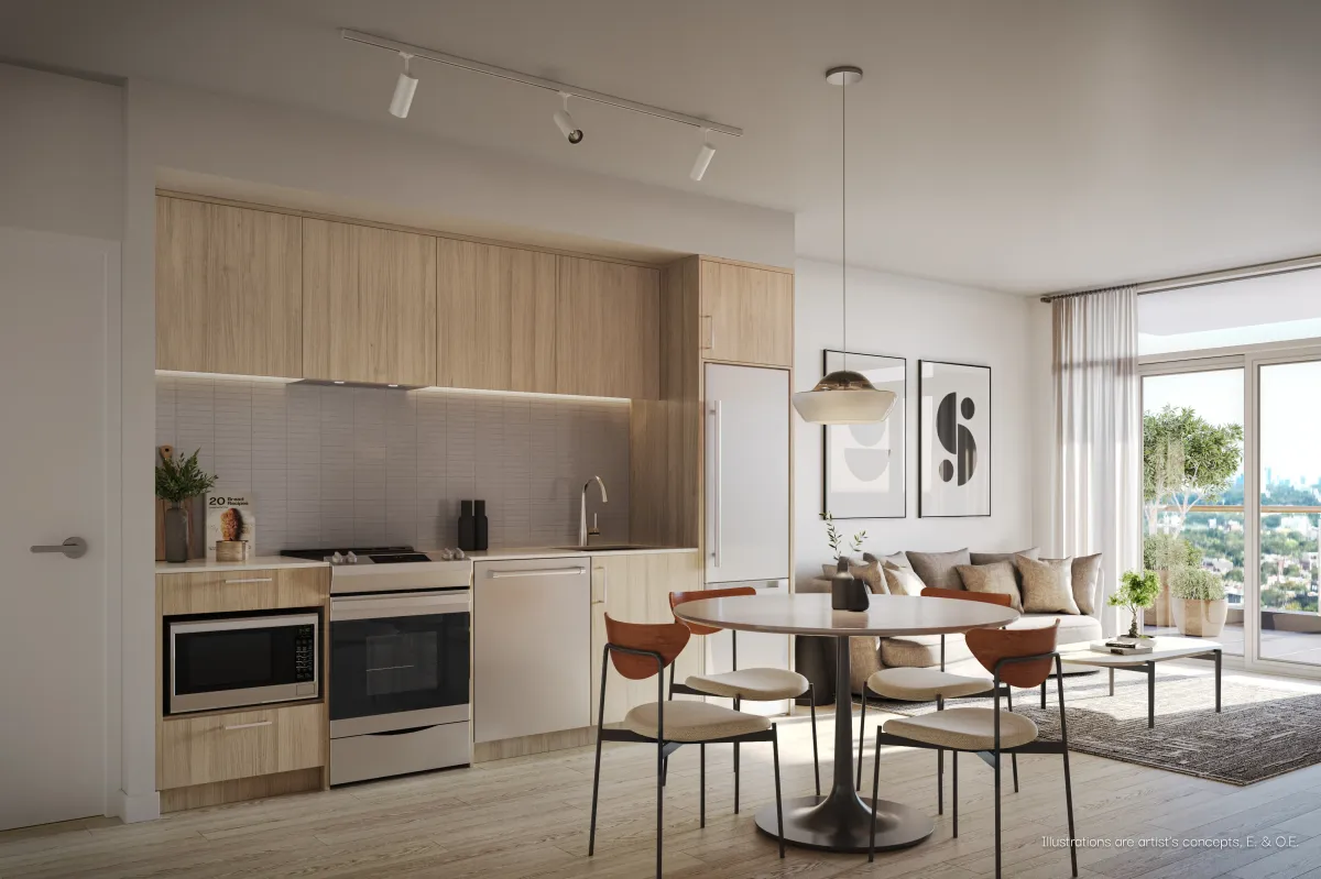 Modern open concept kitchen and dining area at BLVD. Q Condos in Etobicoke.