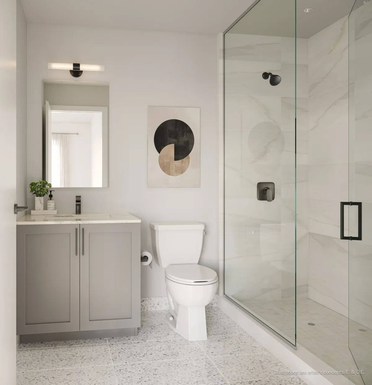 Spa-inspired bathroom with glass walk-in shower and modern vanity at BLVD. Q.